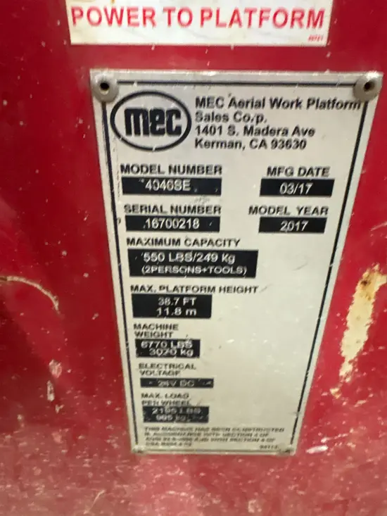 2017 MEC 4046SE Scissor Lift
