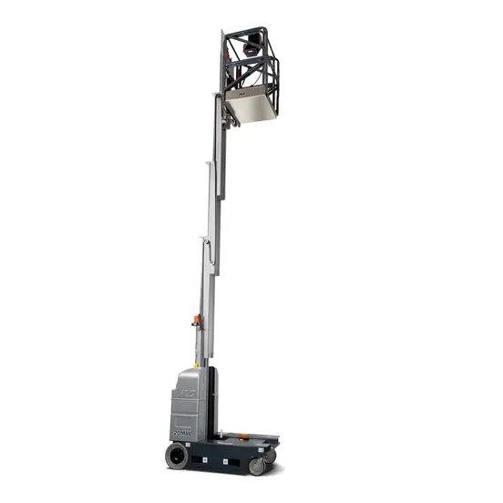 Side view of an extended gray vertical mast lift with a platform.
